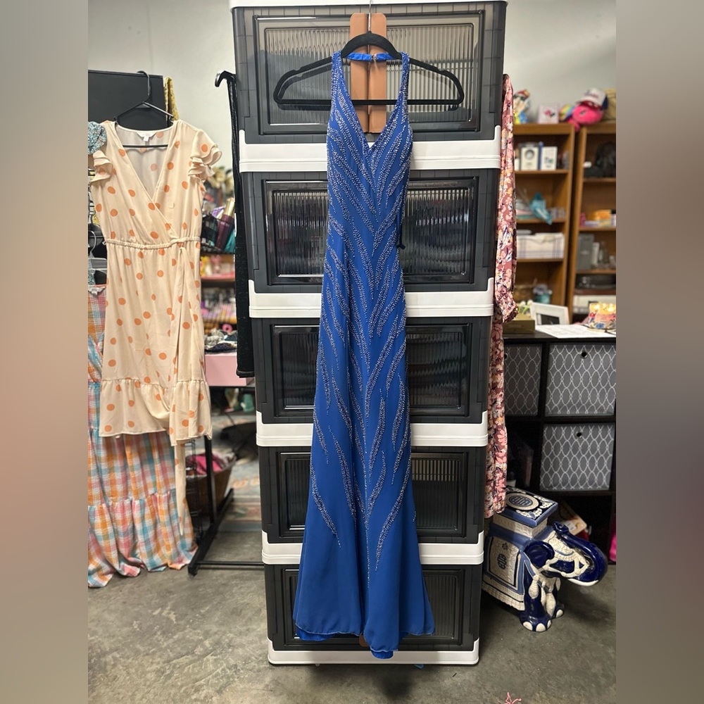 Showtime Collection Blue Halter Prom Gown